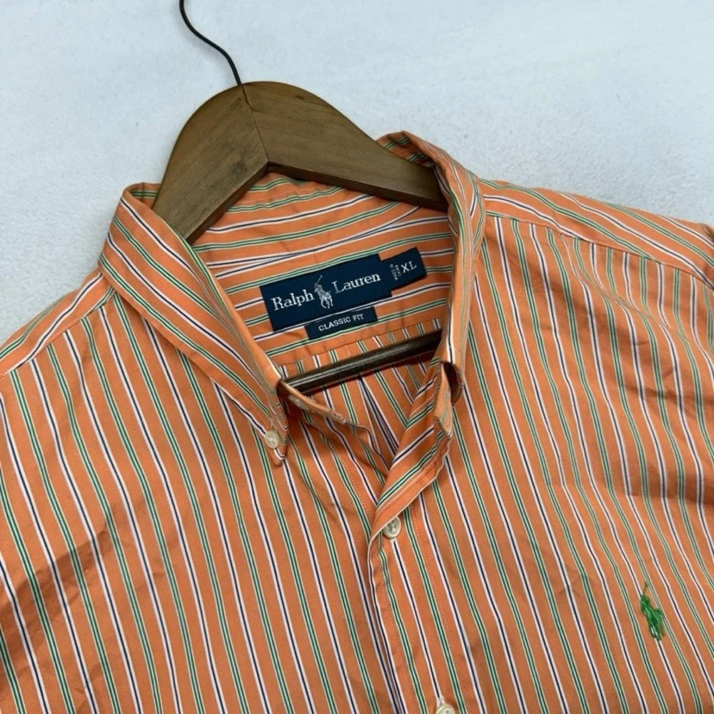 Vintage Ralph Lauren Button Down Shirt Mens XL Orange Green Striped Pony 90s